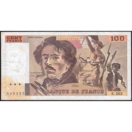 F 69ter-01b - 1994 - 100 francs - Delacroix modifié - Série K.262 - Etat : B+