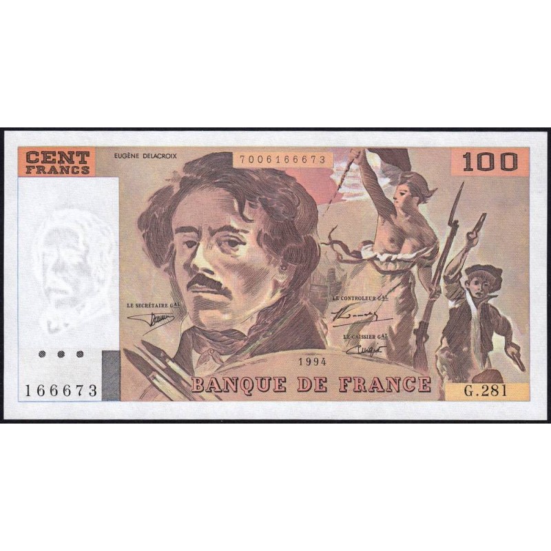 F 69ter-01c - 1994 - 100 francs - Delacroix modifié - Série G.281 - Etat : pr.NEUF