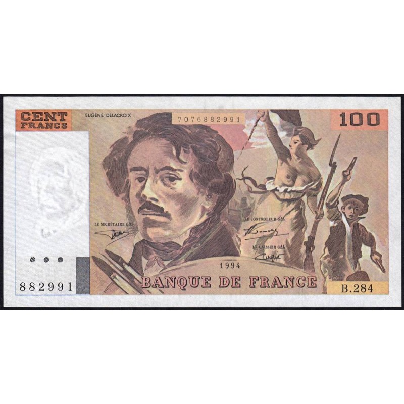 F 69ter-01c - 1994 - 100 francs - Delacroix modifié - Série B.284 - Etat : SUP