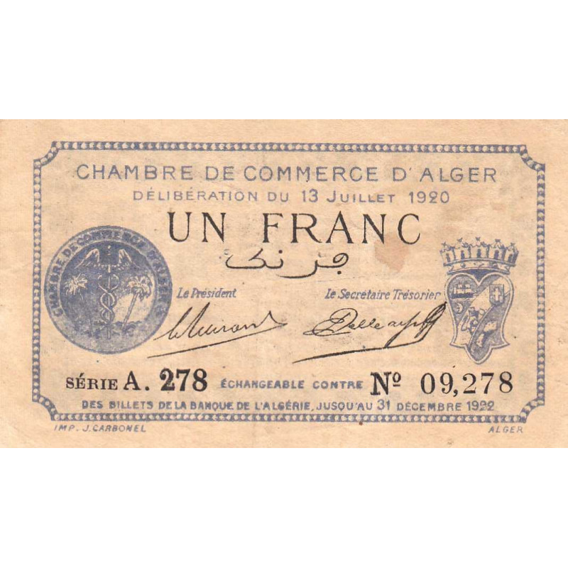 Algérie - Alger 137-15 - 1 franc - Série A.278 - 13/07/1920 - Etat : TB+
