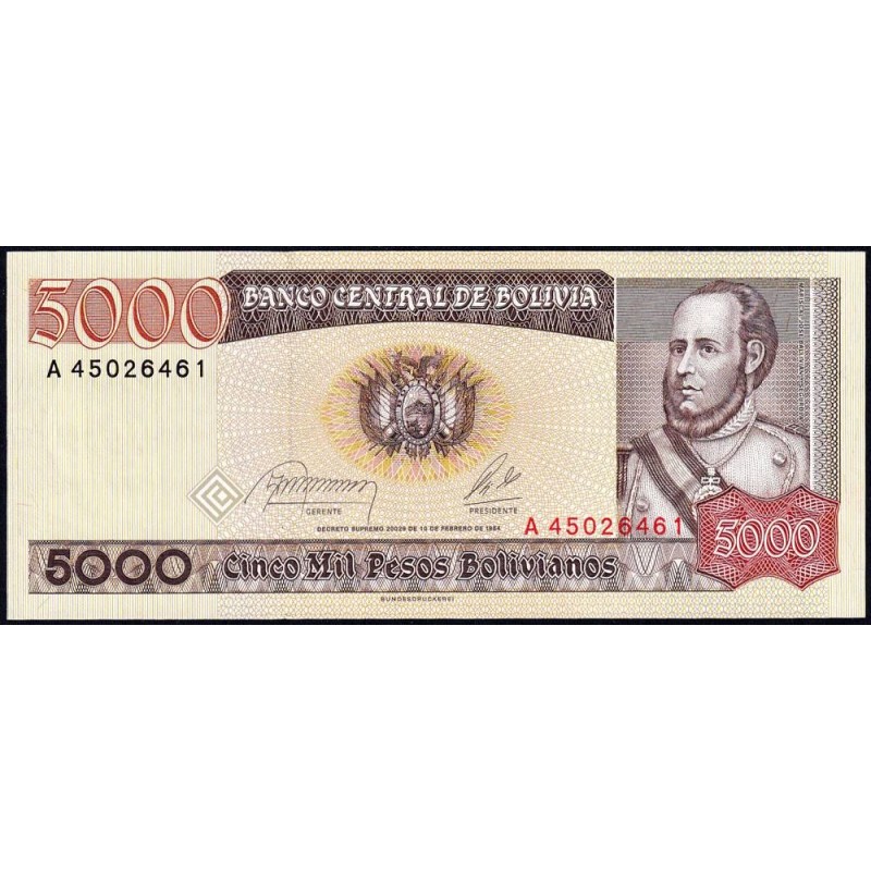 Bolivie - Pick 168a_2 - 5'000 pesos bolivianos - Loi 1984 - Série A - Etat : NEUF