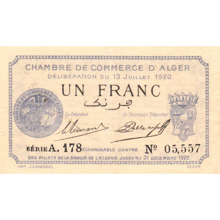 Algérie - Alger 137-15 - 1 franc - Série A.178 - 13/07/1920 - Etat : SUP