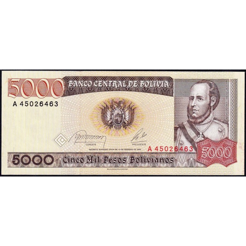 Bolivie - Pick 168a_2 - 5'000 pesos bolivianos - Loi 1984 - Série A - Etat : SPL