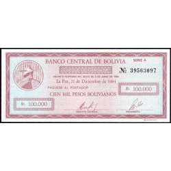 Bolivie - Pick 188 - 100'000 pesos bolivianos - Série A - Loi 1984 - Etat : NEUF