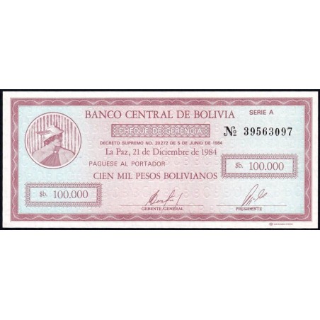 Bolivie - Pick 188 - 100'000 pesos bolivianos - Série A - Loi 1984 - Etat : NEUF