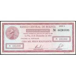 Bolivie - Pick 188 - 100'000 pesos bolivianos - Série A - Loi 1984 - Etat : SPL+