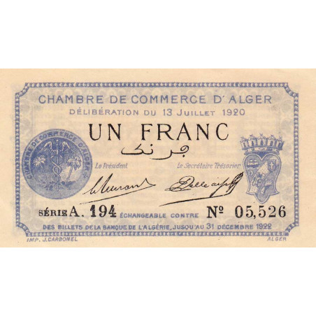 Algérie - Alger 137-15 - 1 franc - Série A.194 - 13/07/1920 - Etat : SPL+