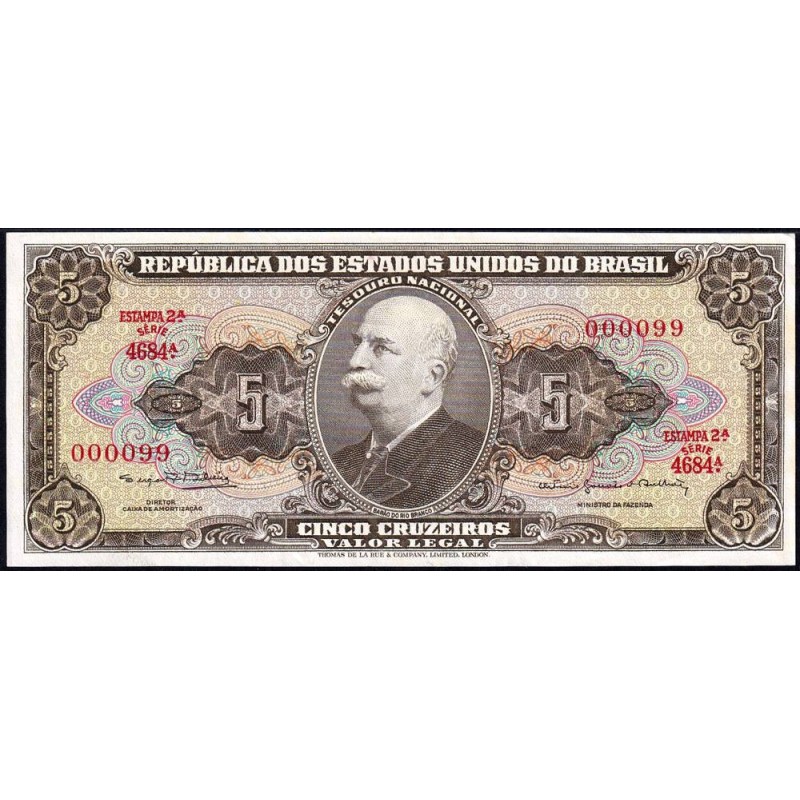 Brésil - Pick 176d - 5 cruzeiros - Série 4684 - Estampa 2 - 1964 - Petit numéro - Etat : SUP+
