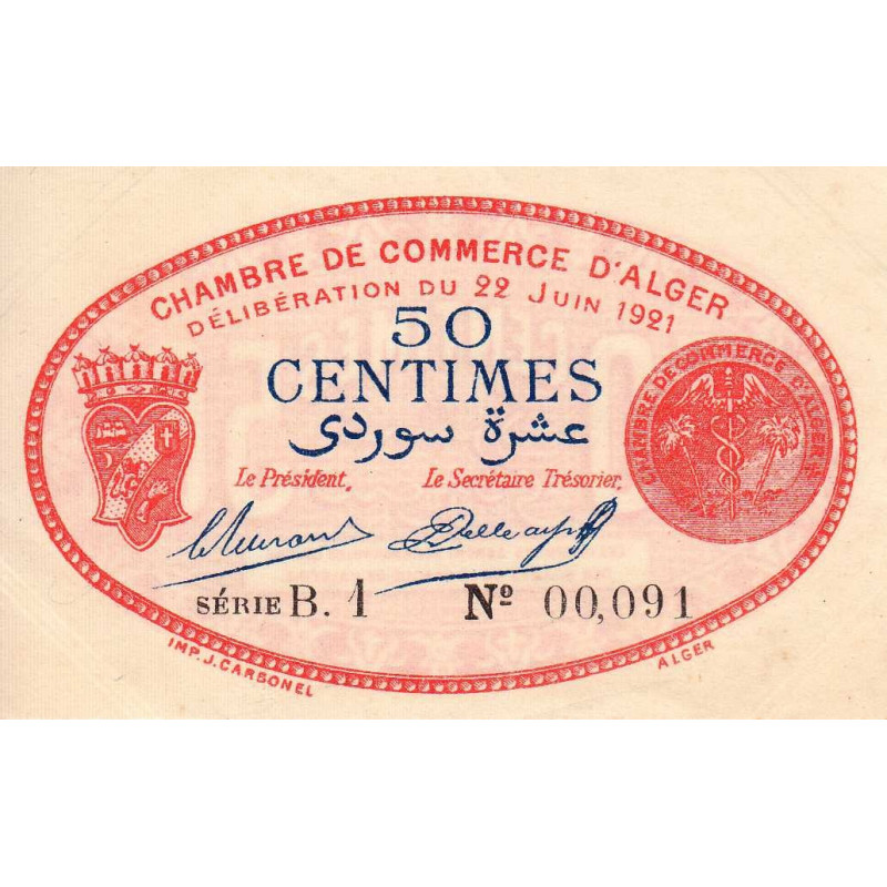Algérie - Alger 137-19 - 50 centimes - Série B.1 - 22/06/1921 - Etat : SPL