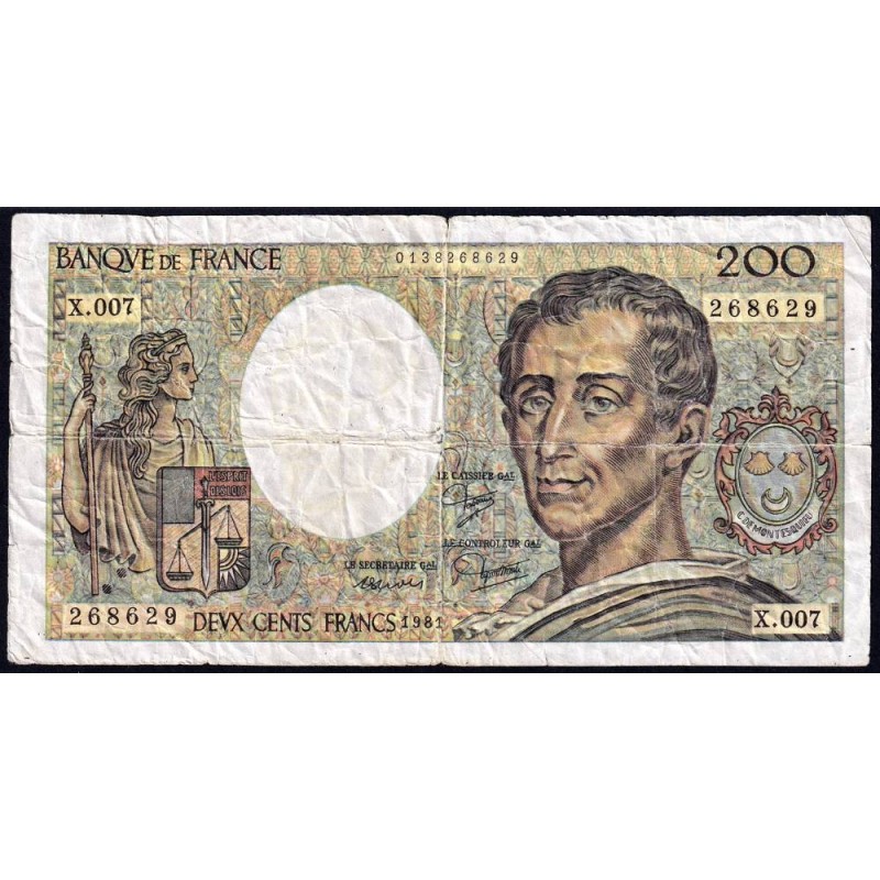 F 70-01 - 1981 - Faux 200 francs - Montesquieu - Série X.007 - Etat : TB-