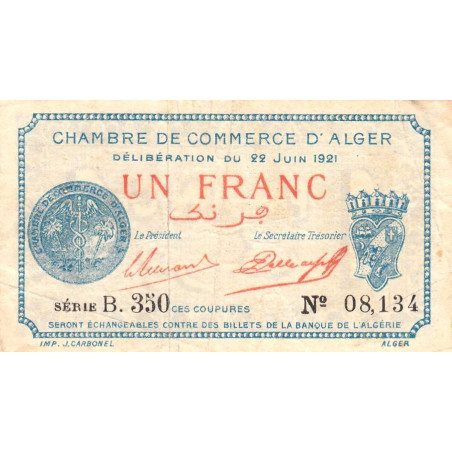 Algérie - Alger 137-20 - 1 franc - Série B.350 - 22/06/1921 - Etat : TB+