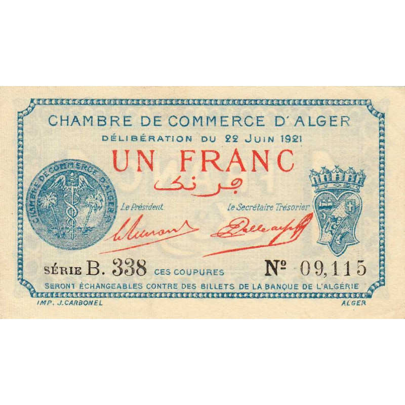 Algérie - Alger 137-20 - 1 franc - Série B.338 - 22/06/1921 - Etat : SPL