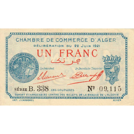 Algérie - Alger 137-20 - 1 franc - Série B.338 - 22/06/1921 - Etat : SPL