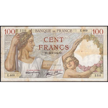 F 26-05 - 24/08/1939 - 100 francs - Sully - Série E.469 - Etat : TB-