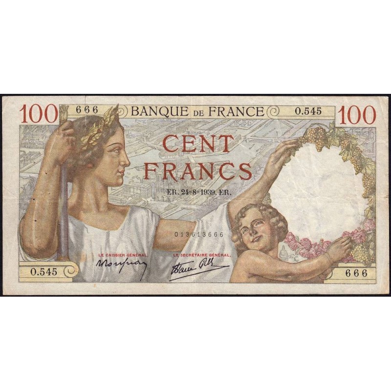 F 26-05 - 24/08/1939 - 100 francs - Sully - Série O.545 - Etat : TB