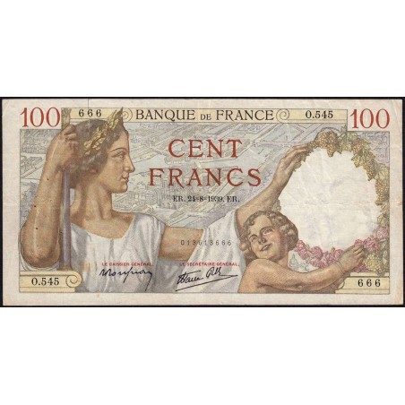 F 26-05 - 24/08/1939 - 100 francs - Sully - Série O.545 - Etat : TB