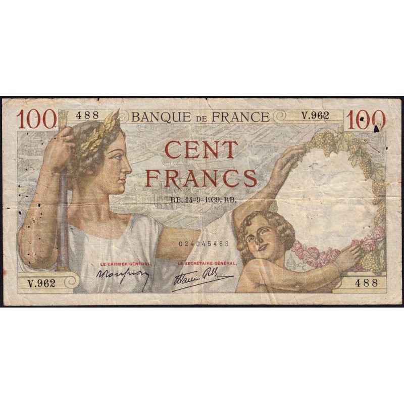 F 26-06 - 14/09/1939 - 100 francs - Sully - Série V.962 - Etat : TB-