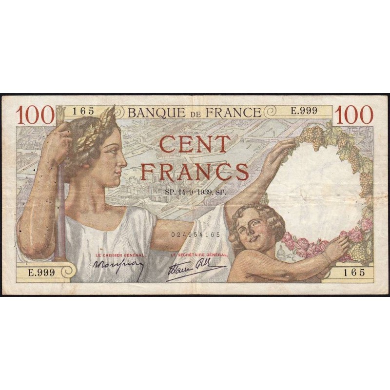 F 26-06 - 14/09/1939 - 100 francs - Sully - Série E.999 - Etat : TB+