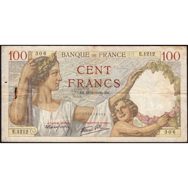 F 26-07 - 21/09/1939 - 100 francs - Sully - Série E.1212 - Etat : TB-