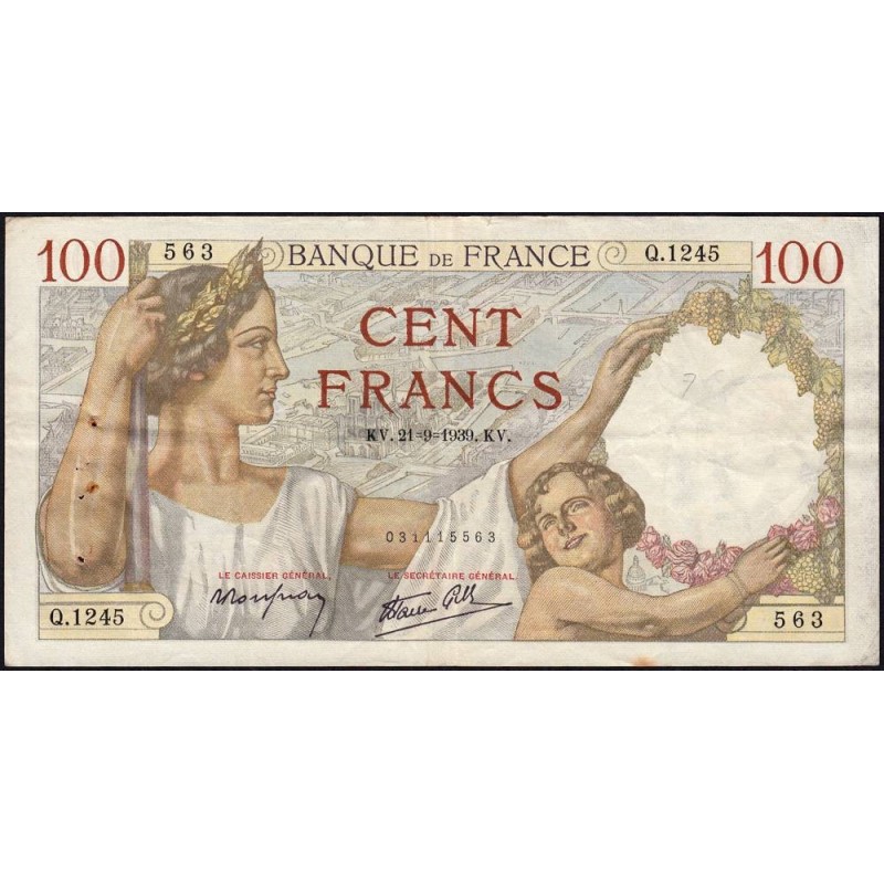 F 26-07 - 21/09/1939 - 100 francs - Sully - Série Q.1245 - Etat : TB+