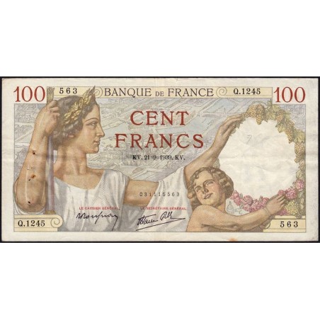 F 26-07 - 21/09/1939 - 100 francs - Sully - Série Q.1245 - Etat : TB+