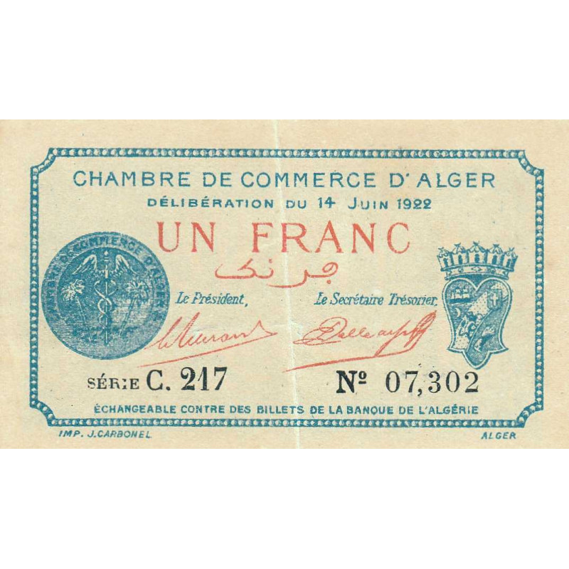 Algérie - Alger 137-24 - 1 franc - Série C.217 - 14/06/1922 - Etat : SUP