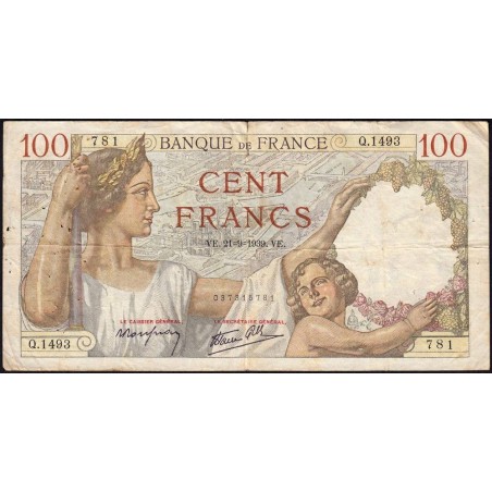 F 26-07 - 21/09/1939 - 100 francs - Sully - Série Q.1493 - Etat : TB-