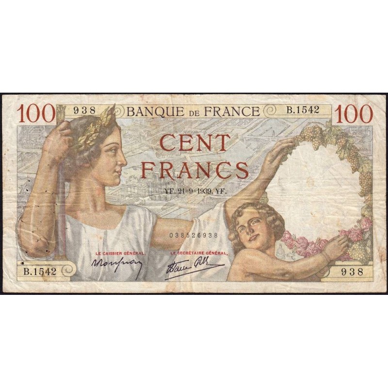 F 26-07 - 21/09/1939 - 100 francs - Sully - Série B.1542 - Etat : TB-
