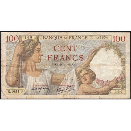 F 26-08 - 28/09/1939 - 100 francs - Sully - Série Q.1654 - Etat : B+