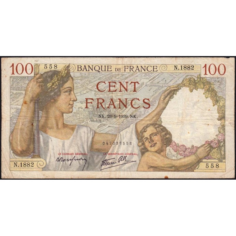 F 26-08 - 28/09/1939 - 100 francs - Sully - Série N.1882 - Etat : TB-