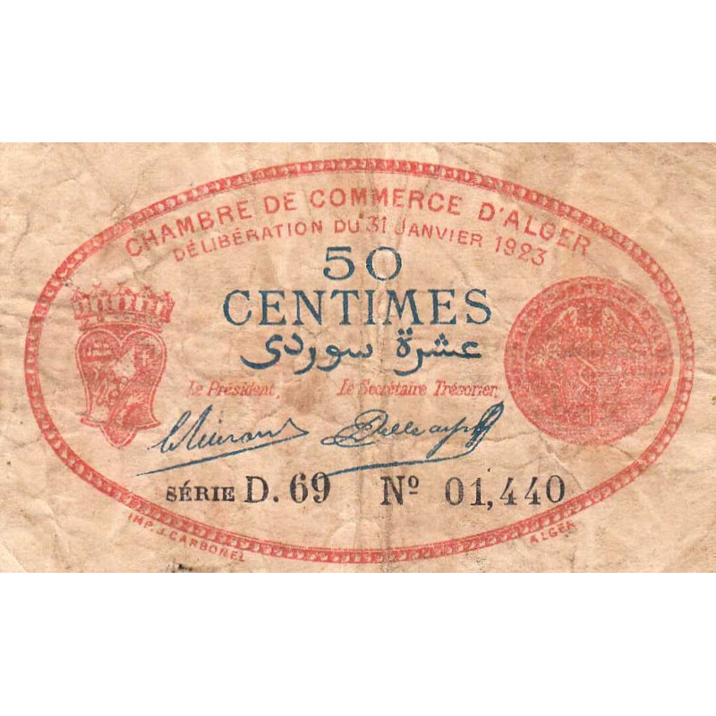 Algérie - Alger 137-25 - 50 centimes - Série D.69 - 31/01/1923 - Etat : B+