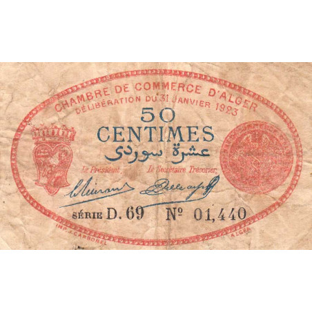 Algérie - Alger 137-25 - 50 centimes - Série D.69 - 31/01/1923 - Etat : B+