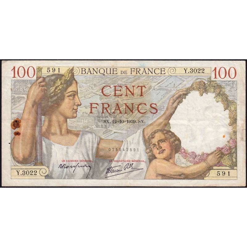 F 26-10 - 12/10/1939 - 100 francs - Sully - Série Y.3022 - Etat : TB-