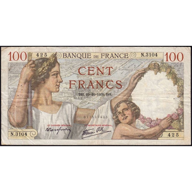 F 26-11 - 19/10/1939 - 100 francs - Sully - Série N.3104 - Etat : TB