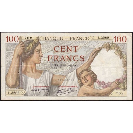 F 26-11 - 19/10/1939 - 100 francs - Sully - Série L.3282 - Etat : TTB-