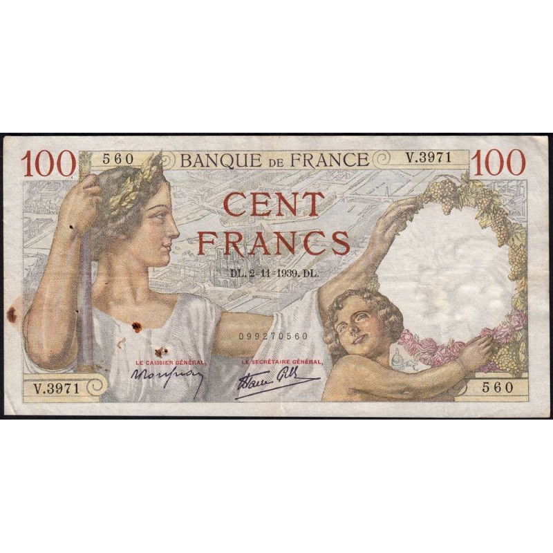 F 26-13 - 02/11/1939 - 100 francs - Sully - Série V.3971 - Etat : TB