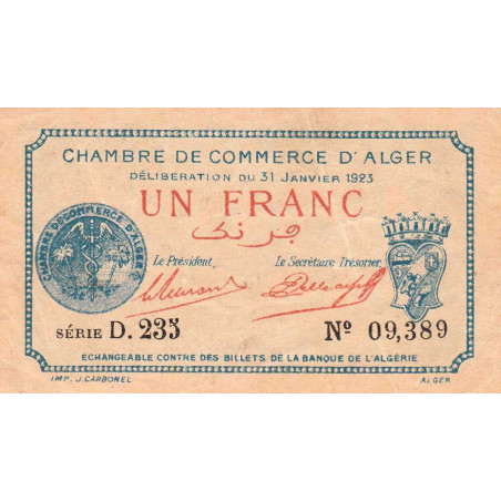 Algérie - Alger 137-26 - 1 franc - Série D.235 - 31/01/1923 - Etat : TTB+