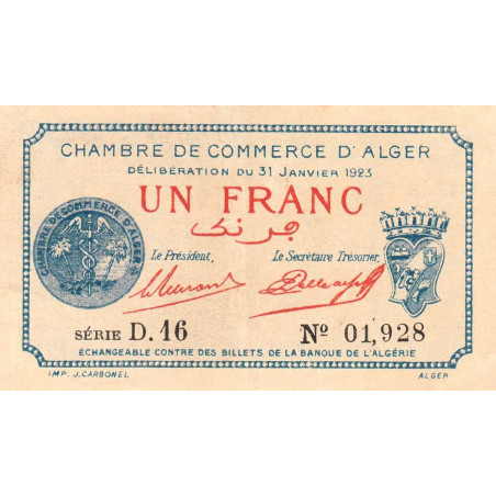 Algérie - Alger 137-26 - 1 franc - Série D.16 - 31/01/1923 - Etat : SUP+