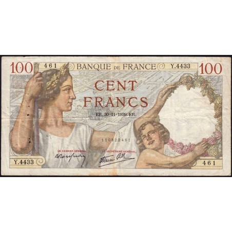 F 26-16 - 30/11/1939 - 100 francs - Sully - Série Y.4433 - Etat : TB