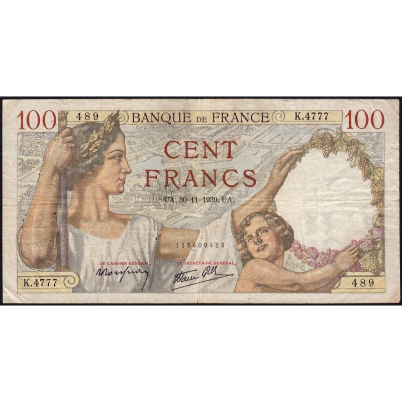 F 26-16 - 30/11/1939 - 100 francs - Sully - Série K.4777 - Etat : TB