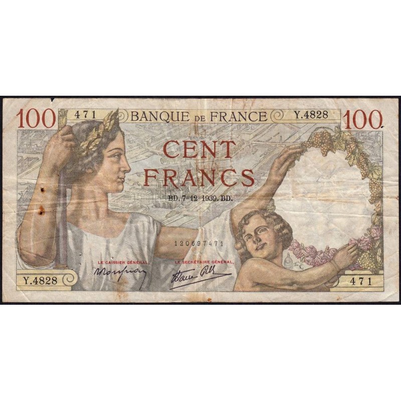F 26-17 - 07/12/1939 - 100 francs - Sully - Série Y.4828 - Etat : TB-