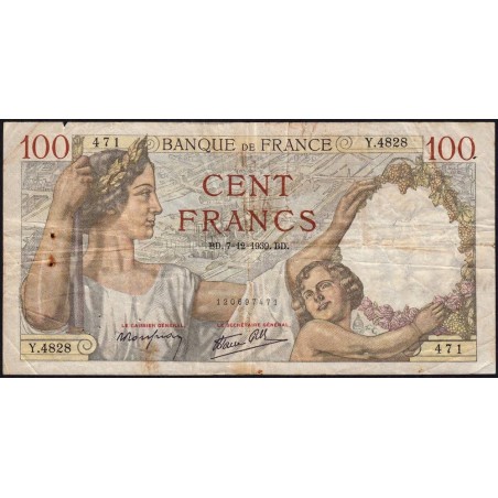 F 26-17 - 07/12/1939 - 100 francs - Sully - Série Y.4828 - Etat : TB-