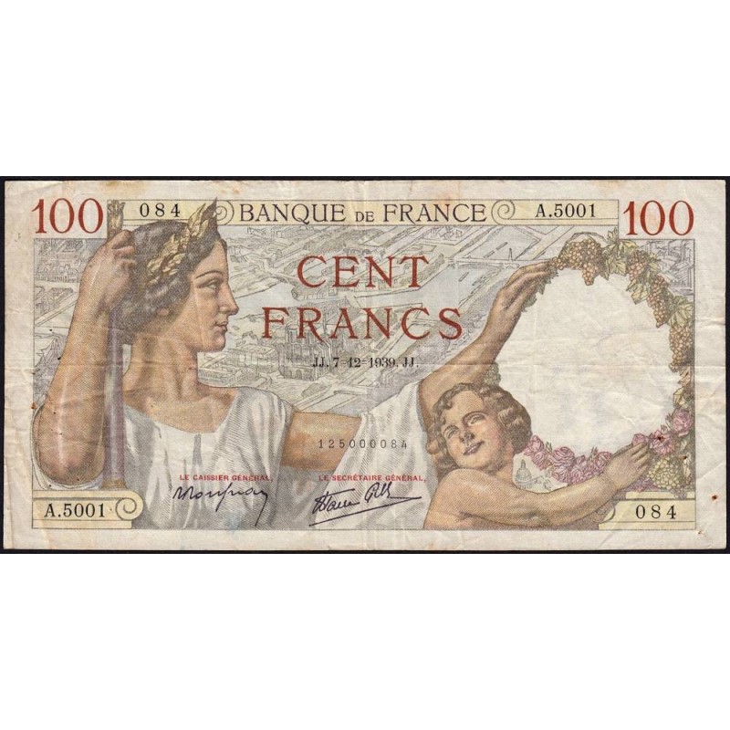 F 26-17 - 07/12/1939 - 100 francs - Sully - Série A.5001 - Etat : TB-