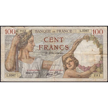 F 26-18 - 21/12/1939 - 100 francs - Sully - Série L.5367 - Etat : B+