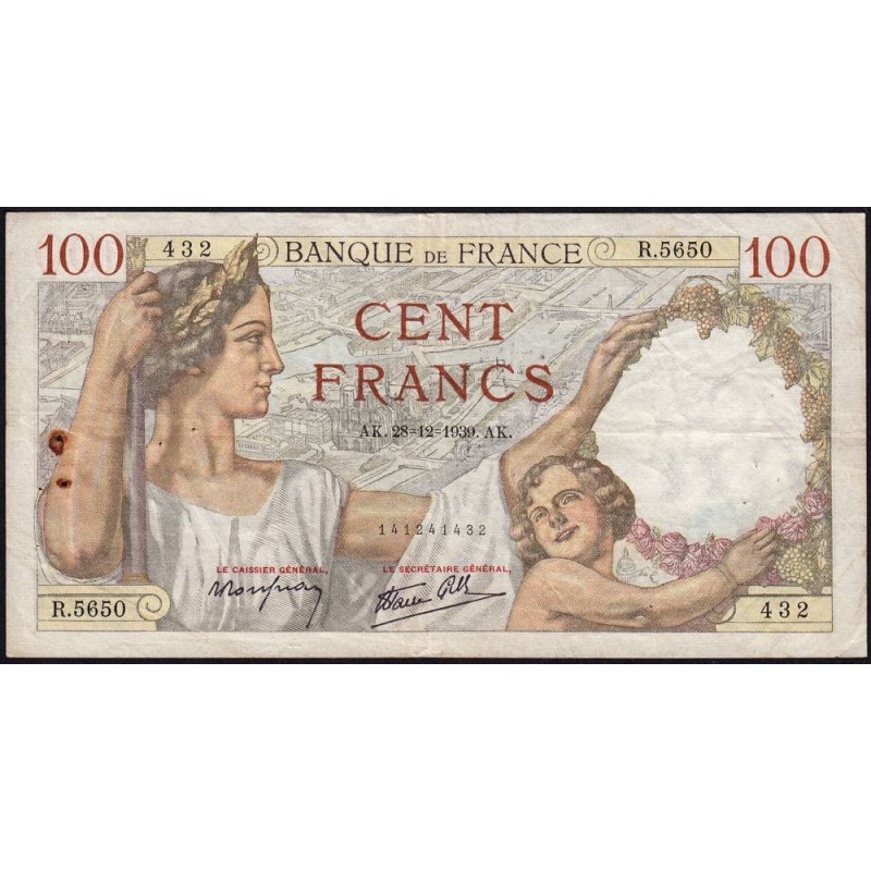 F 26-19 - 28/12/1939 - 100 francs - Sully - Série R.5650 - Etat : TB