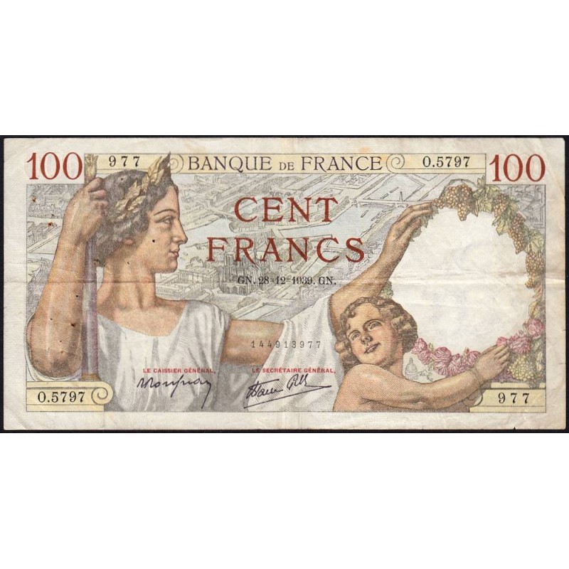 F 26-19 - 28/12/1939 - 100 francs - Sully - Série O.5797 - Etat : TB+