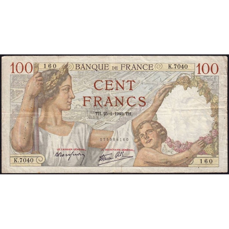 F 26-21 - 25/01/1940 - 100 francs - Sully - Série K.7040 - Etat : TB