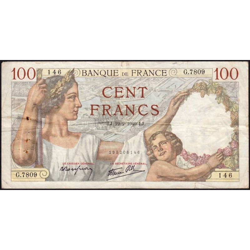 F 26-23 - 22/02/1940 - 100 francs - Sully - Série G.7809 - Etat : TB-