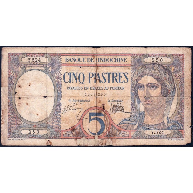 Indochine Française - Pick 49b - 5 piastres - Série Y.524 - 1927 - Etat : B