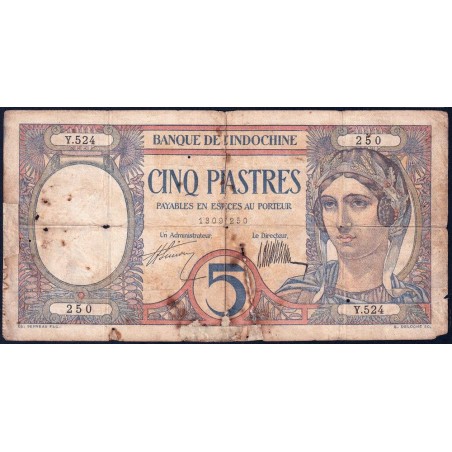 Indochine Française - Pick 49b - 5 piastres - Série Y.524 - 1927 - Etat : B